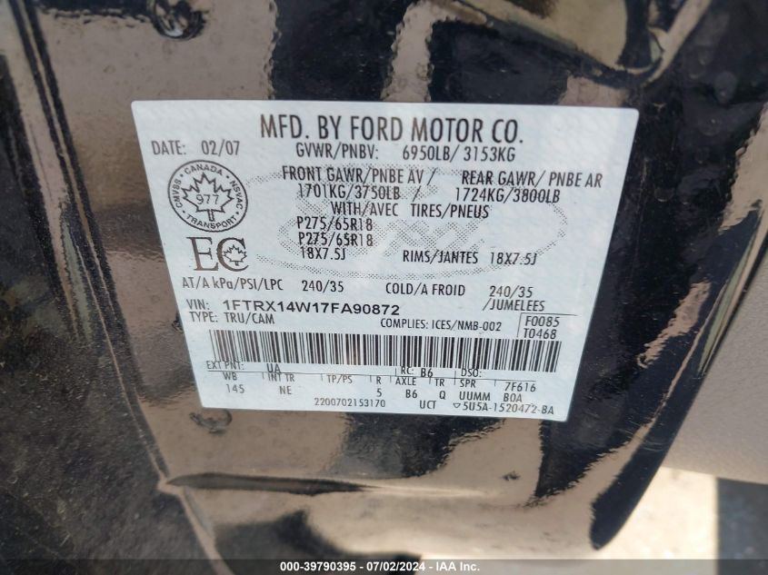2007 Ford F-150 Fx4/Stx/Xl/Xlt VIN: 1FTRX14W17FA90872 Lot: 39790395