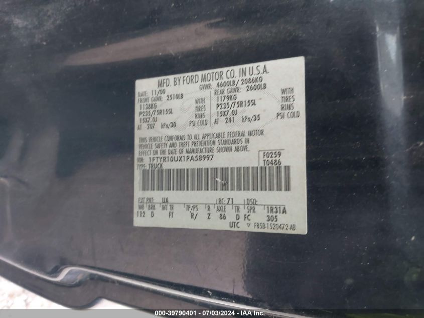 2001 Ford Ranger Edge/Xl/Xlt VIN: 1FTYR10UX1PA58997 Lot: 39790401