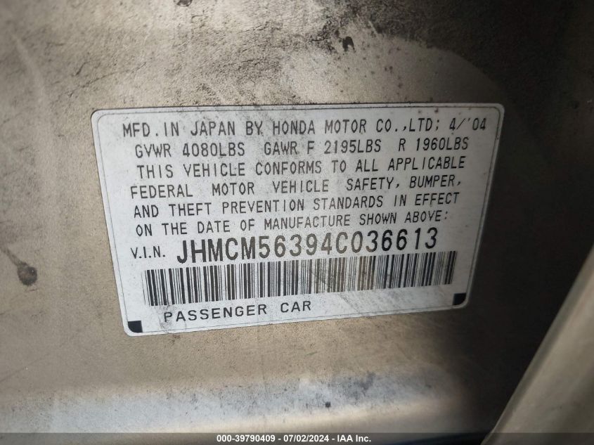 2004 Honda Accord 2.4 Lx VIN: JHMCM56394C036613 Lot: 39790409