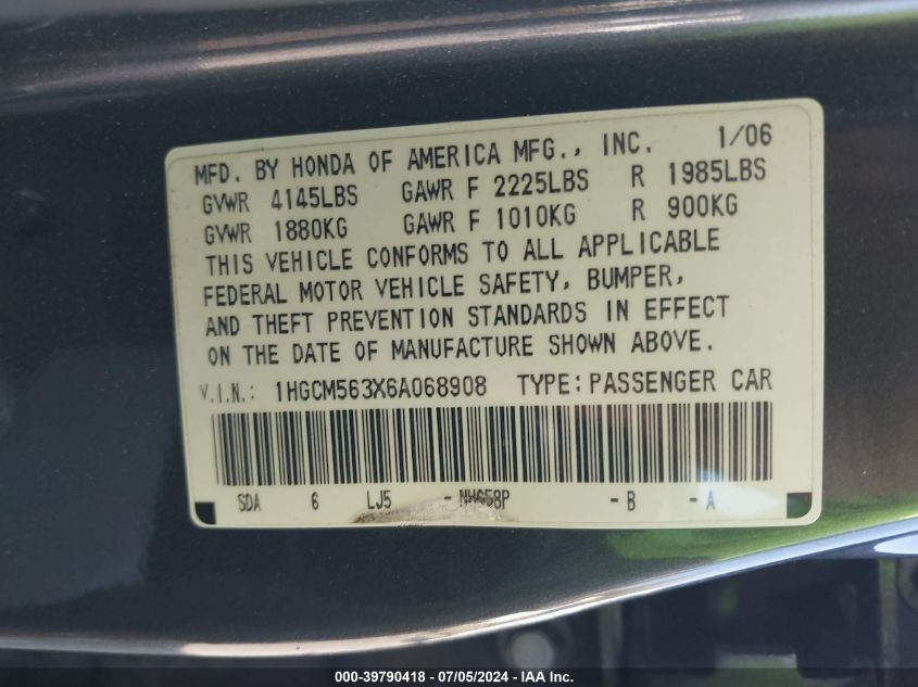 2006 Honda Accord 2.4 Se VIN: 1HGCM563X6A068908 Lot: 39790418
