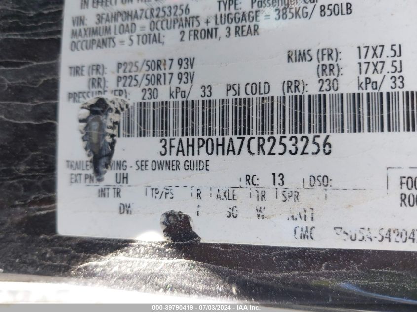2012 Ford Fusion Se VIN: 3FAHP0HA7CR253256 Lot: 39790419