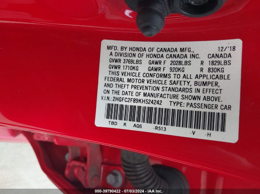 2019 Honda Civic Sport VIN: 2HGFC2F89KH524242 Lot: 39790422
