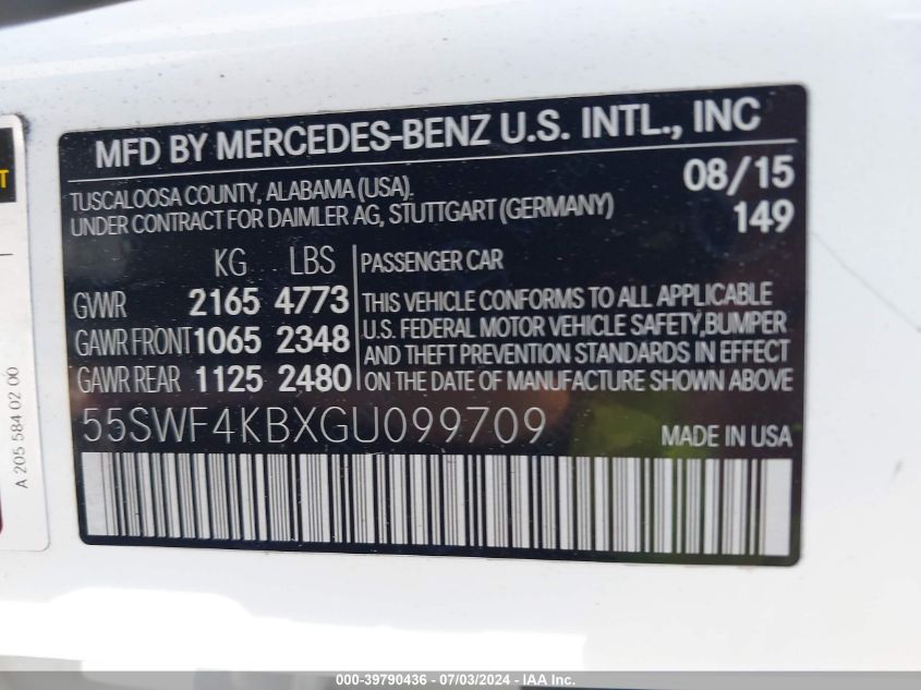 2016 Mercedes-Benz C 300 4Matic/Luxury 4Matic/Sport 4Matic VIN: 55SWF4KBXGU099709 Lot: 39790436