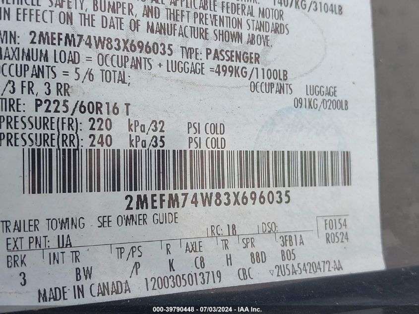 2003 Mercury Grand Marquis Gs VIN: 2MEFM74W83X696035 Lot: 39790448