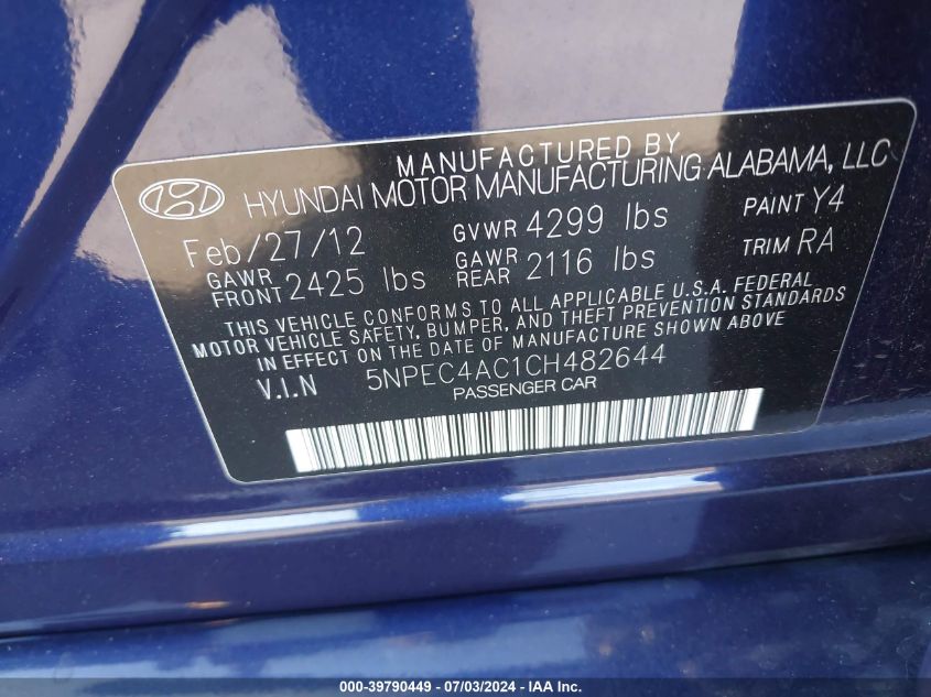 5NPEC4AC1CH482644 2012 Hyundai Sonata Limited