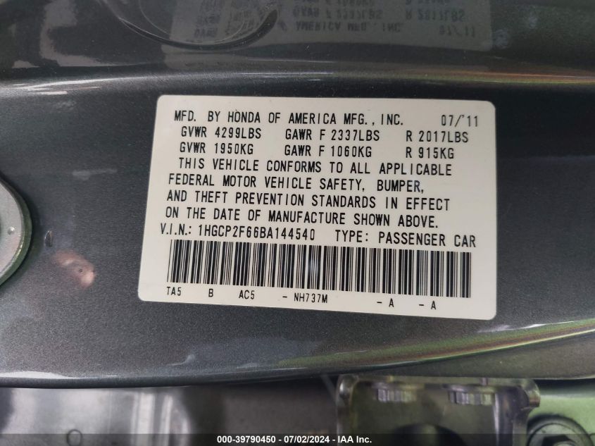 2011 Honda Accord 2.4 Se VIN: 1HGCP2F66BA144540 Lot: 39790450