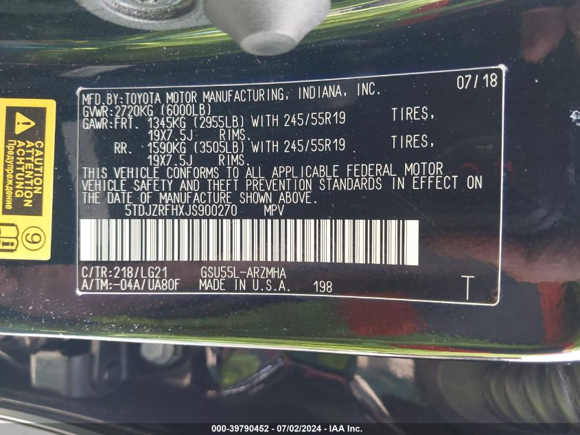 2018 Toyota Highlander Se VIN: 5TDJZRFHXJS900270 Lot: 39790452