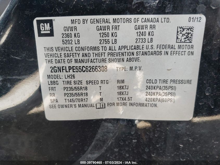 2012 Chevrolet Equinox Lt VIN: 2GNFLPE55C6266308 Lot: 39790465