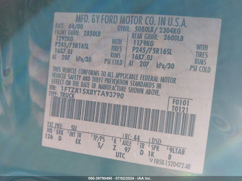 2000 Ford Ranger Xlt VIN: 1FTZR15X8YTA93790 Lot: 39790490