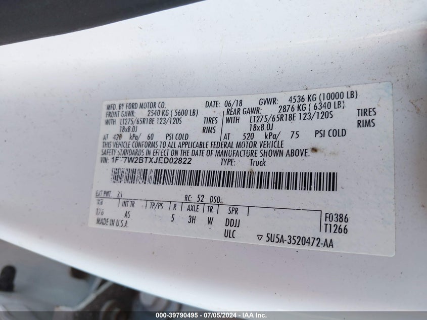 2018 Ford F-250 Xl VIN: 1FT7W2BTXJED02822 Lot: 39790495