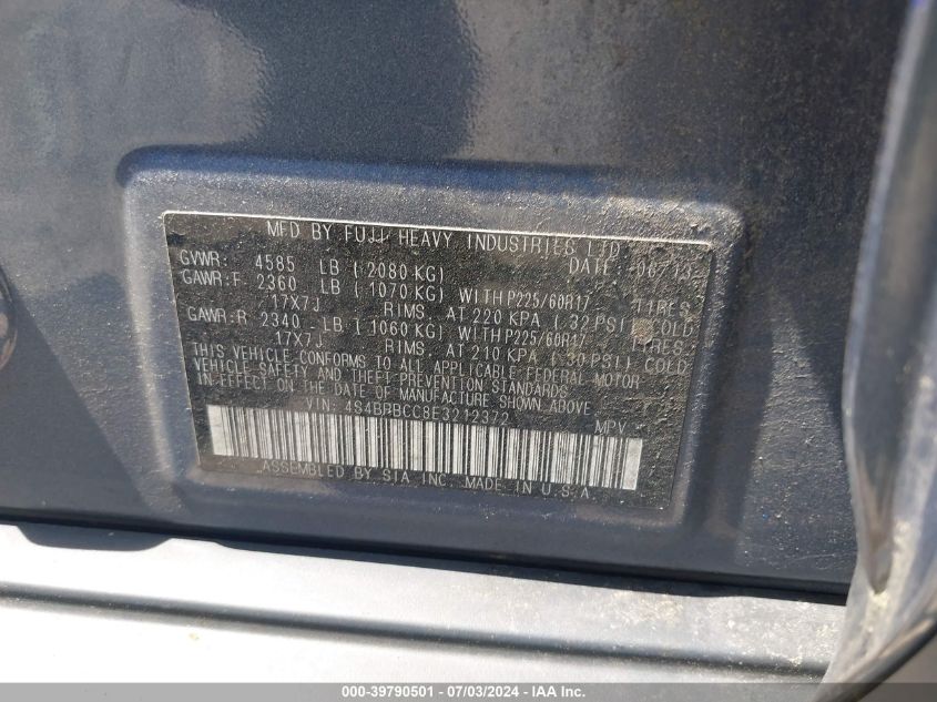 2014 Subaru Outback 2.5I Premium VIN: 4S4BRBCC8E3212372 Lot: 39790501