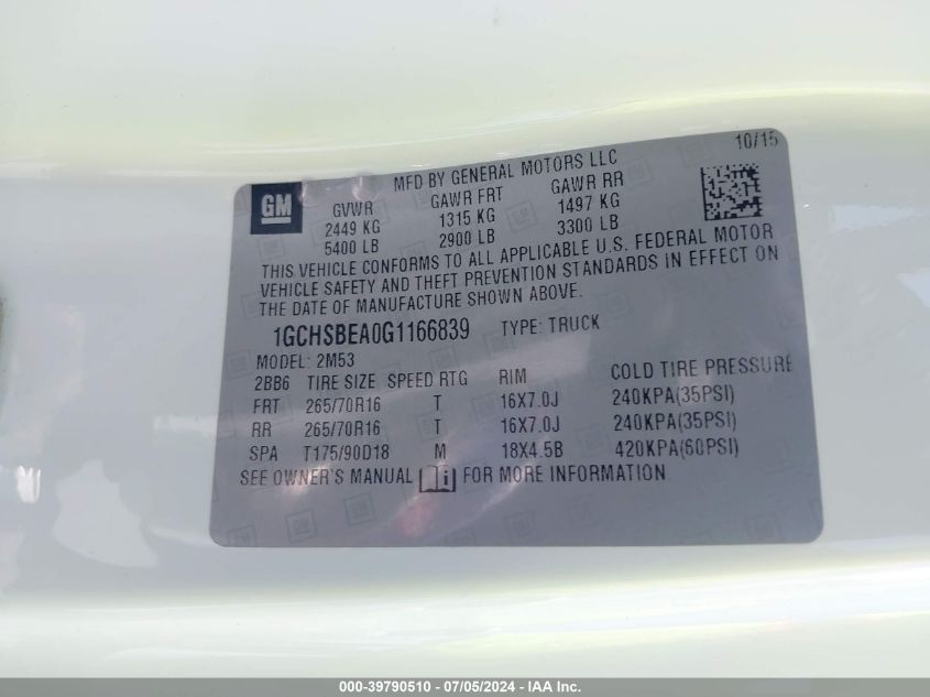 2016 Chevrolet Colorado Wt VIN: 1GCHSBEA0G1166839 Lot: 39790510