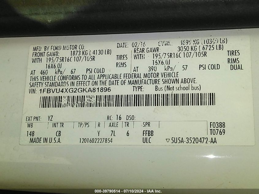 2016 Ford Transit-350 Xlt VIN: 1FBVU4XG2GKA81896 Lot: 39790514
