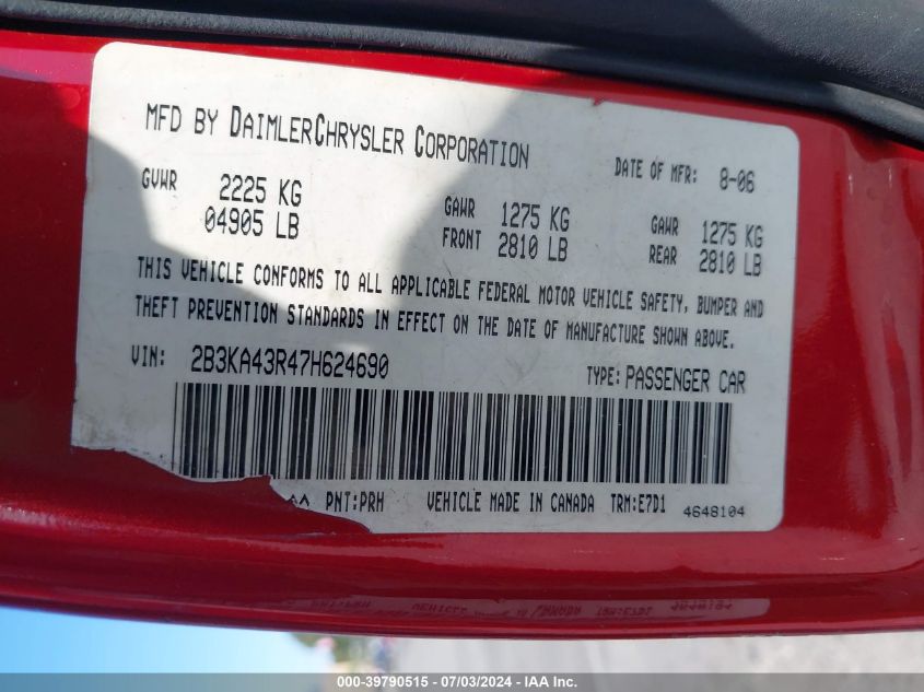 2007 Dodge Charger Se/Sxt VIN: 2B3KA43R47H624690 Lot: 39790515