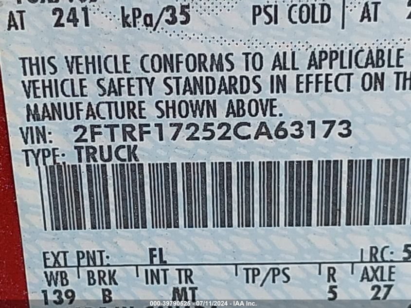 2002 Ford F-150 Xl/Xlt VIN: 2FTRF17252CA63173 Lot: 39790525