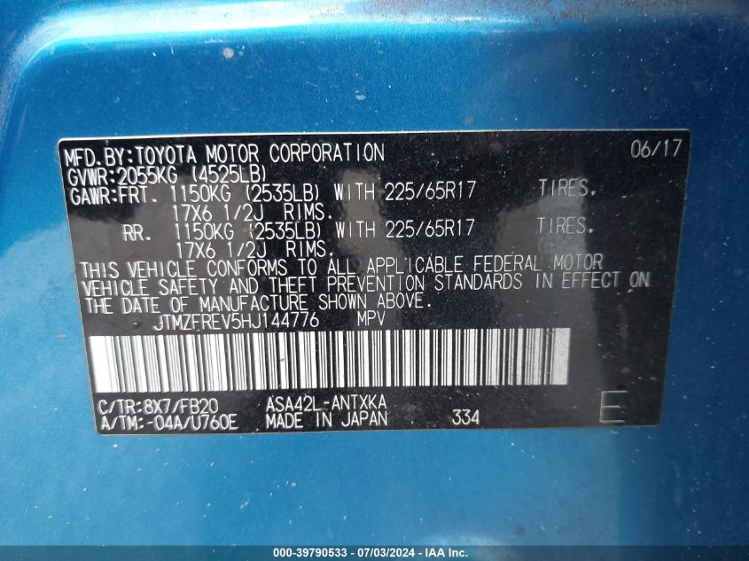 2017 Toyota Rav4 Le VIN: JTMZFREV5HJ144776 Lot: 39790533