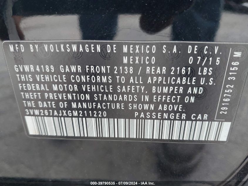 2016 Volkswagen Jetta 1.4T S VIN: 3VW267AJXGM211220 Lot: 39790535