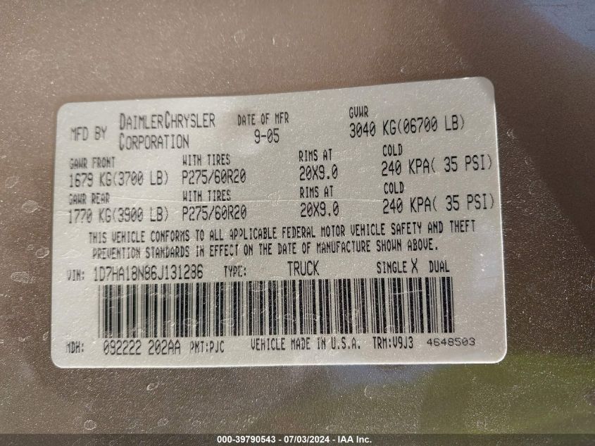 2006 Dodge Ram 1500 Slt VIN: 1D7HA18N86J131286 Lot: 39790543