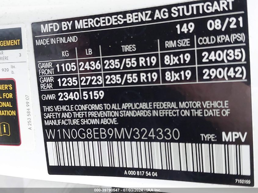 2021 Mercedes-Benz Glc 300 4Matic Suv VIN: W1N0G8EB9MV324330 Lot: 39790547