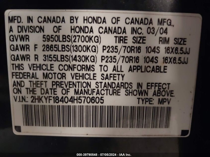 2004 Honda Pilot Ex VIN: 2HKYF18404H570605 Lot: 39790548