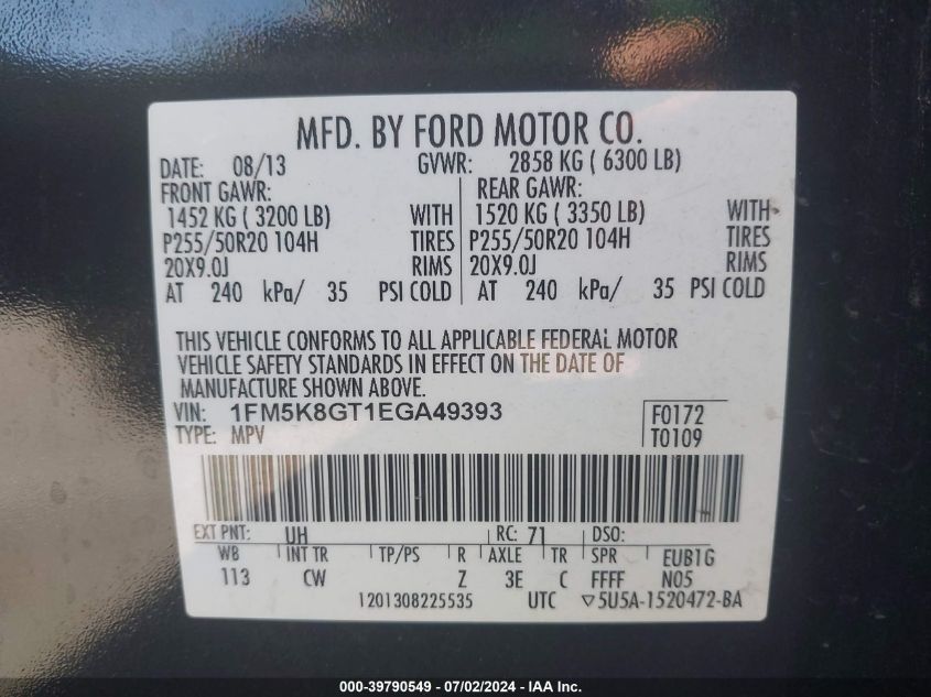 2014 Ford Explorer Sport VIN: 1FM5K8GT1EGA49393 Lot: 39790549