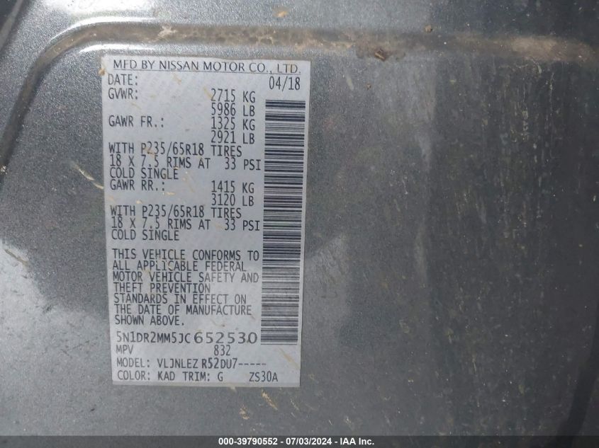 2018 Nissan Pathfinder S/Sv/Sl/Platinum VIN: 5N1DR2MM5JC652530 Lot: 39790552