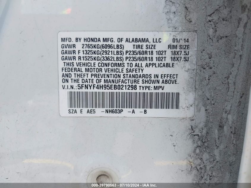 2014 Honda Pilot Touring VIN: 5FNYF4H95EB021298 Lot: 39790563