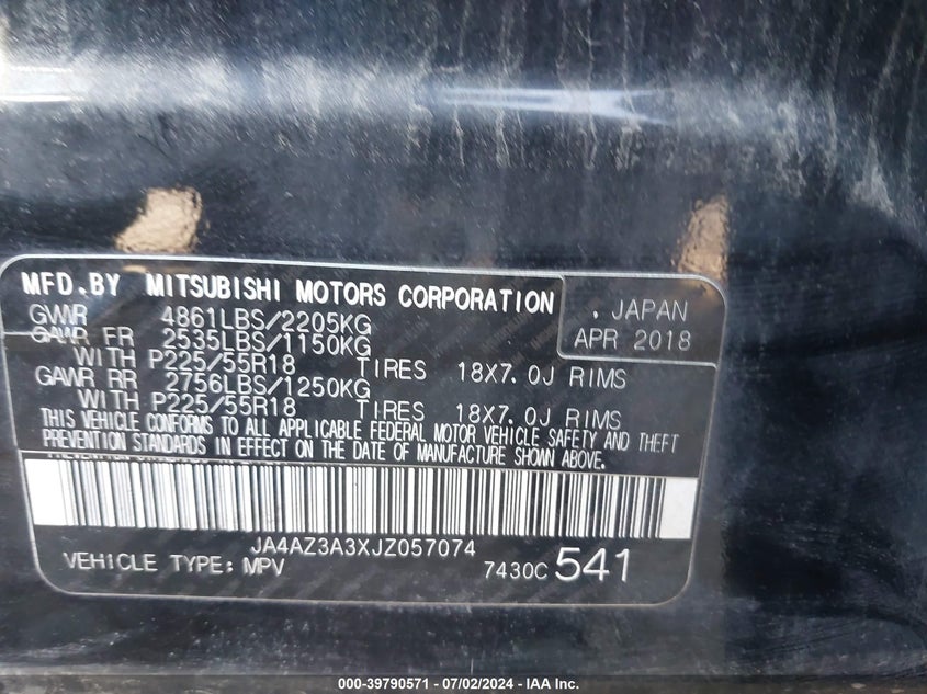 2018 Mitsubishi Outlander Es VIN: JA4AZ3A3XJZ057074 Lot: 39790571