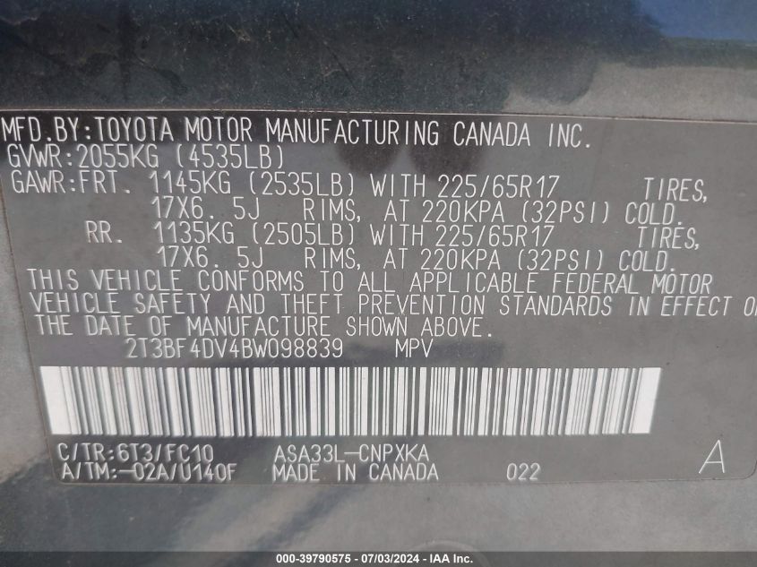 2T3BF4DV4BW098839 2011 Toyota Rav4