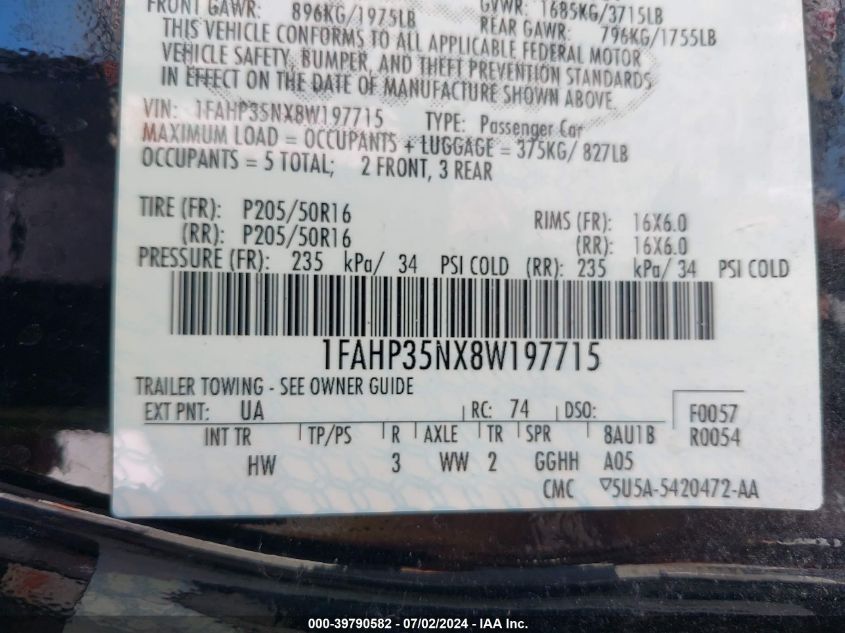 2008 Ford Focus Se/Ses VIN: 1FAHP35NX8W197715 Lot: 39790582