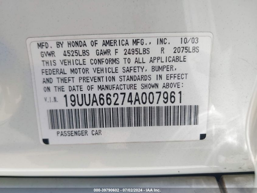 2004 Acura Tl VIN: 19UUA66274A007961 Lot: 39790602
