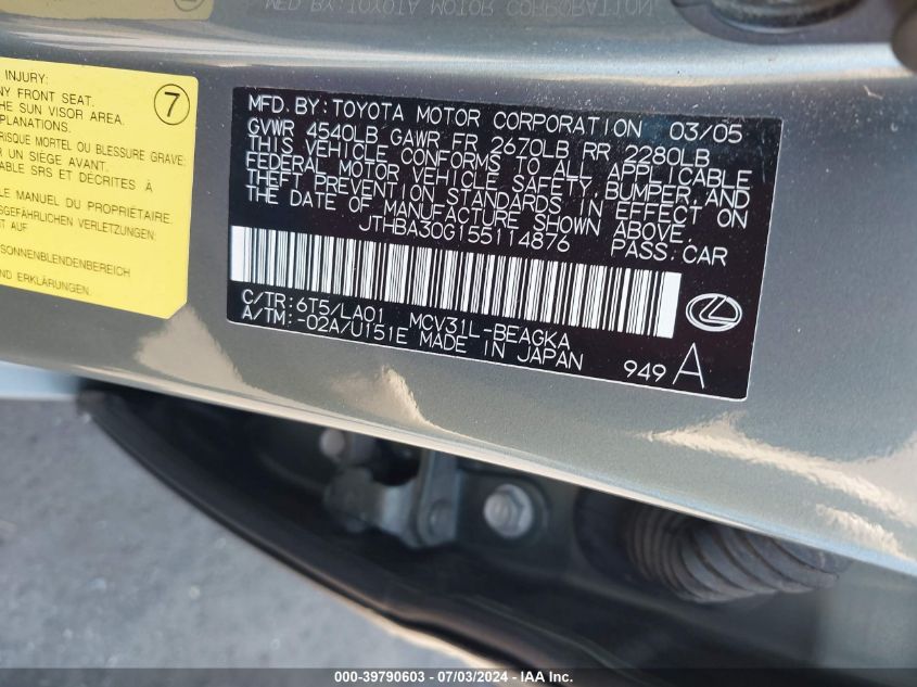 2005 Lexus Es 330 VIN: JTHBA30G155114876 Lot: 39790603