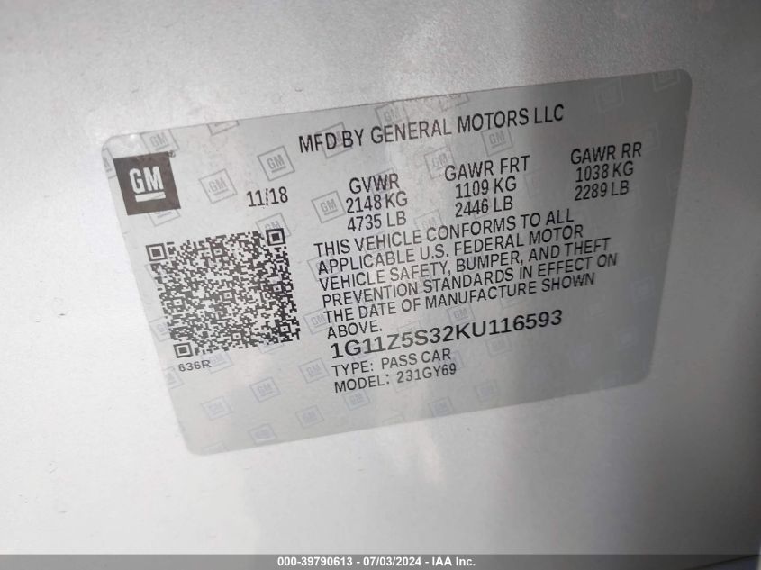 2019 Chevrolet Impala Lt VIN: 1G11Z5S32KU116593 Lot: 39790613