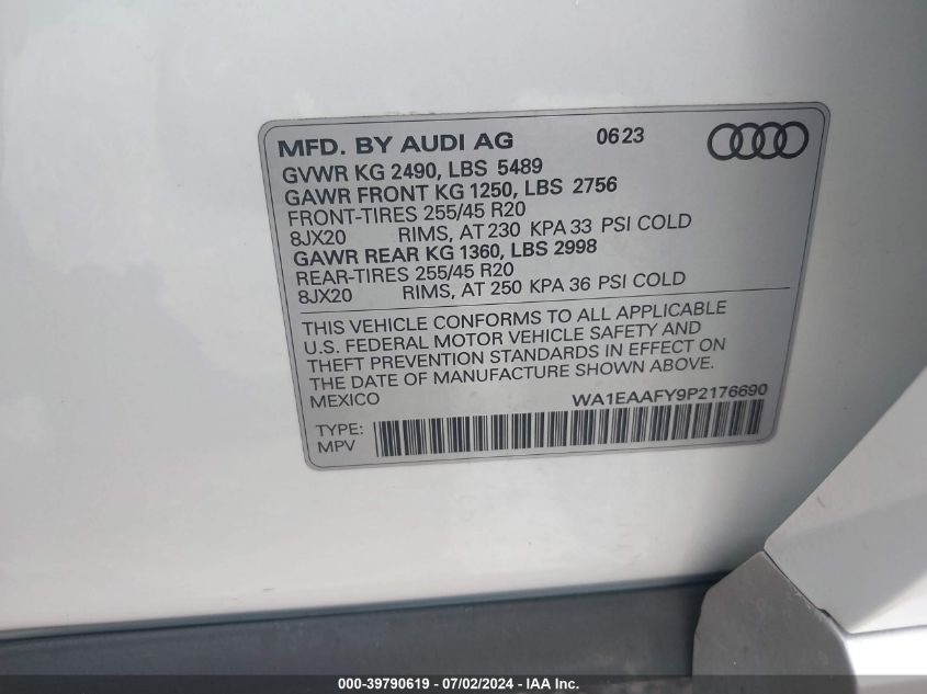 2023 Audi Q5 Premium Plus 45 Tfsi S Line Quattro VIN: WA1EAAFY9P2176690 Lot: 39790619