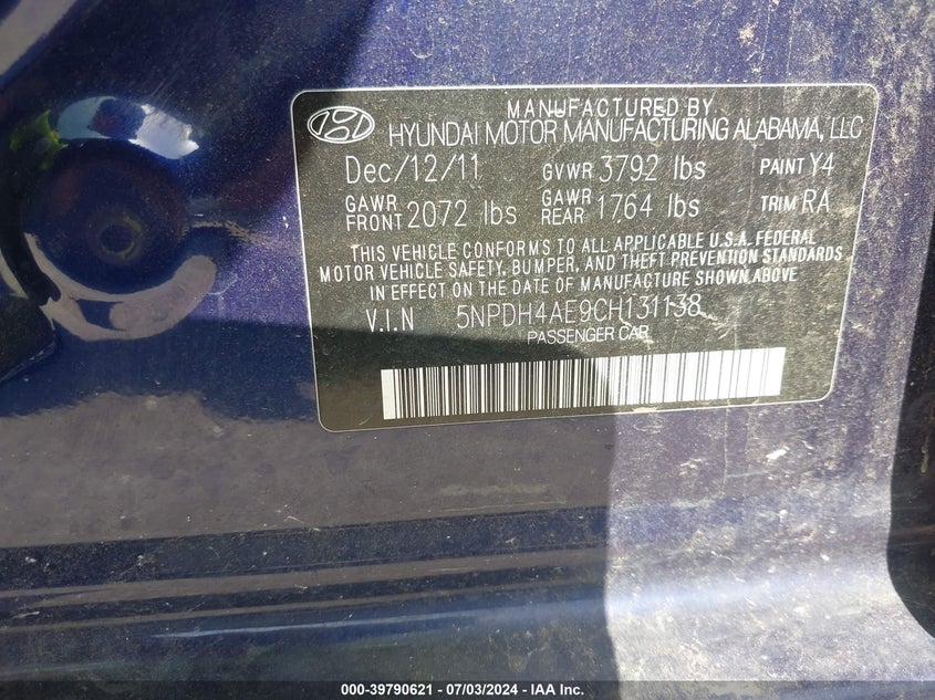 2012 Hyundai Elantra Limited VIN: 5NPDH4AE9CH131138 Lot: 39790621