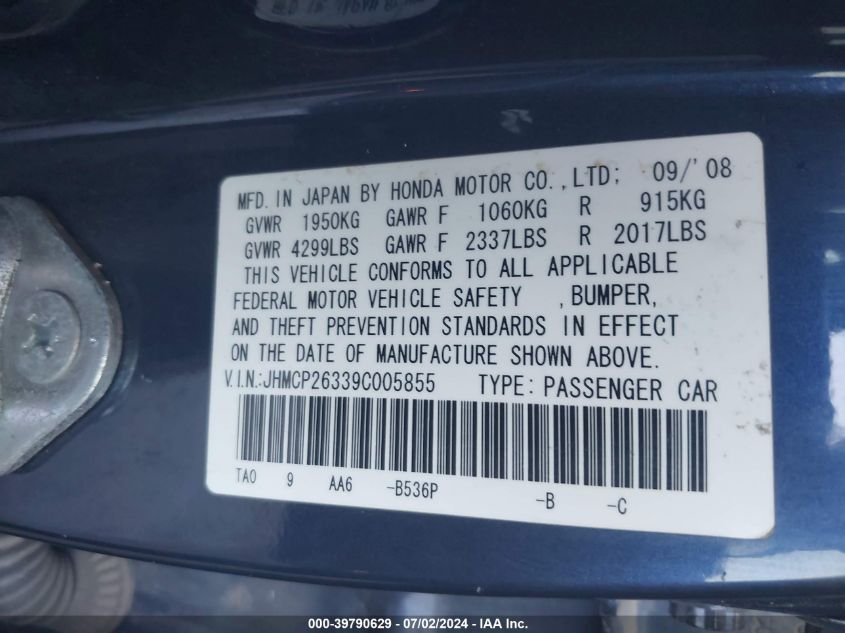 2009 Honda Accord 2.4 Lx VIN: JHMCP26339C005855 Lot: 39790629