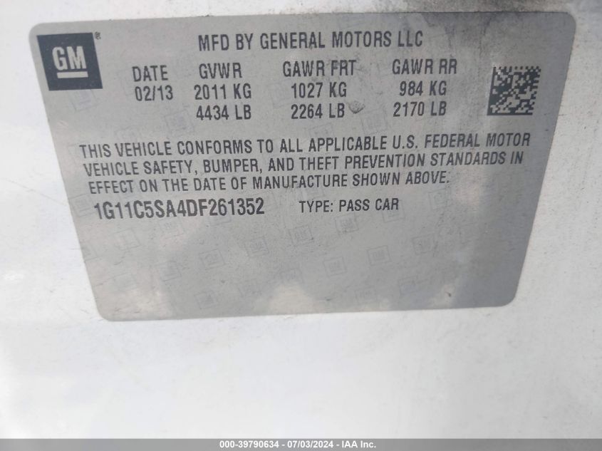 2013 Chevrolet Malibu 1Lt VIN: 1G11C5SA4DF261352 Lot: 39790634