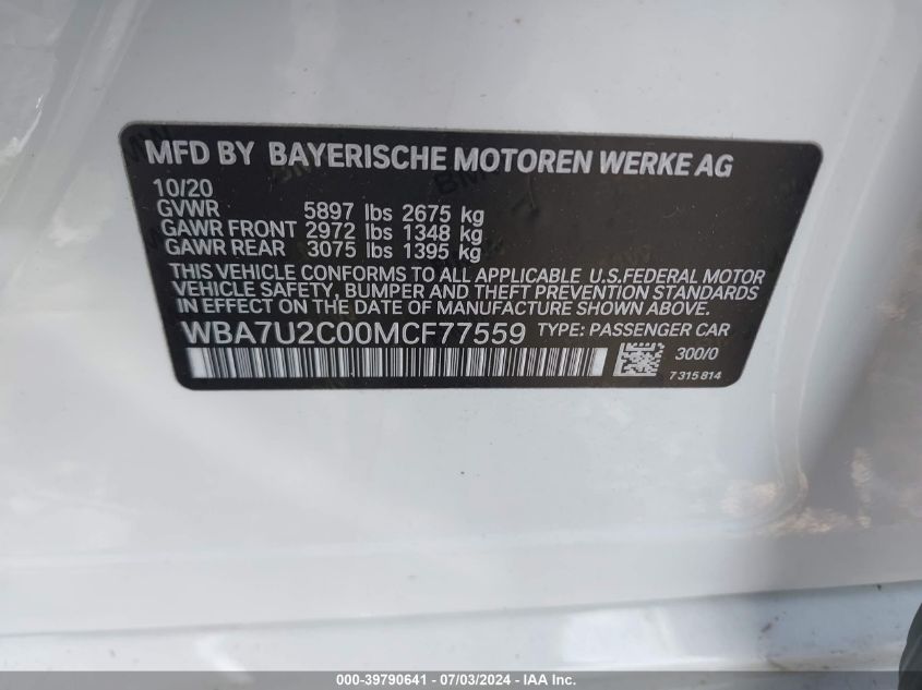 2021 BMW 750 Xi VIN: WBA7U2C00MCF77559 Lot: 39790641