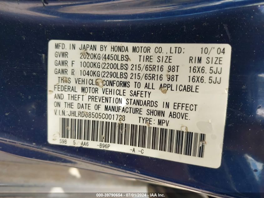 2005 Honda Cr-V Lx VIN: JHLRD68505C001723 Lot: 39790654