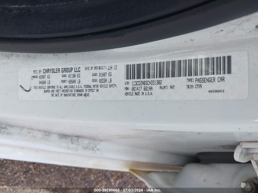 2012 Dodge Avenger Se VIN: 1C3CDZAB3CN331382 Lot: 39790665