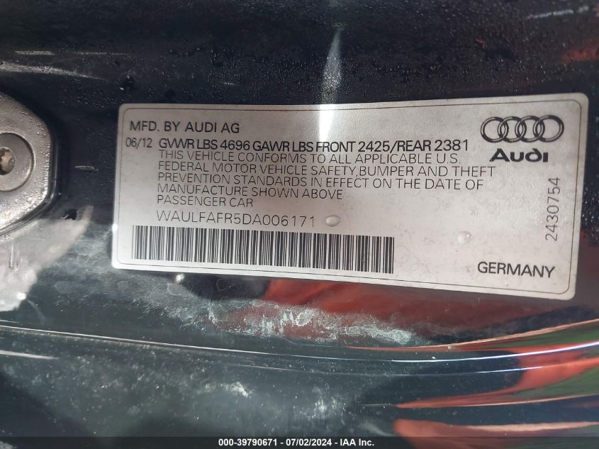 2013 Audi A5 2.0T Premium VIN: WAULFAFR5DA006171 Lot: 39790671