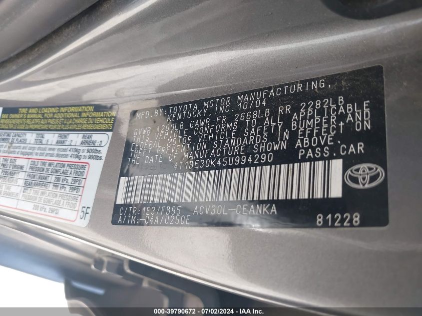 2005 Toyota Camry Le VIN: 4T1BE30K45U994290 Lot: 39790672