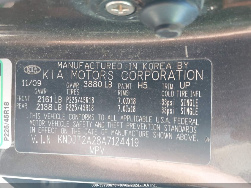 2010 Kia Soul ! VIN: KNDJT2A28A7124419 Lot: 39790675