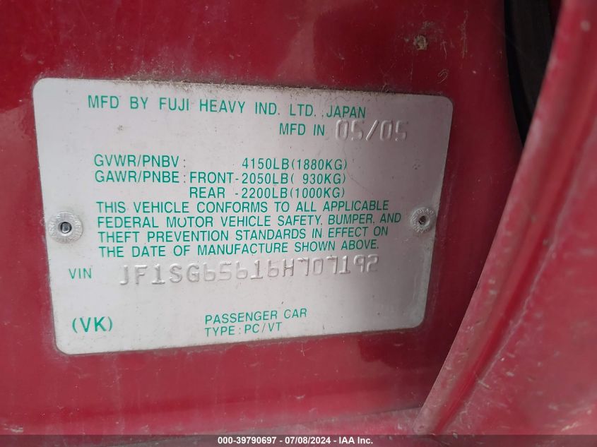 2006 Subaru Forester 2.5X VIN: JF1SG65616H707192 Lot: 39790697