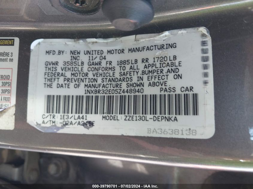 2005 Toyota Corolla Le VIN: 1NXBR32E05Z448940 Lot: 39790701