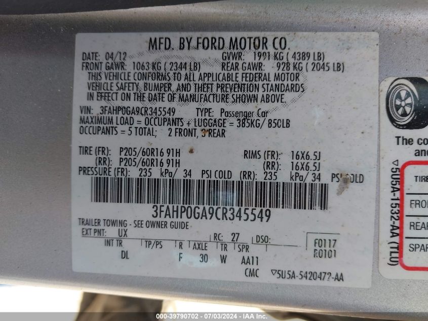 2012 Ford Fusion S VIN: 3FAHP0GA9CR345549 Lot: 39790702