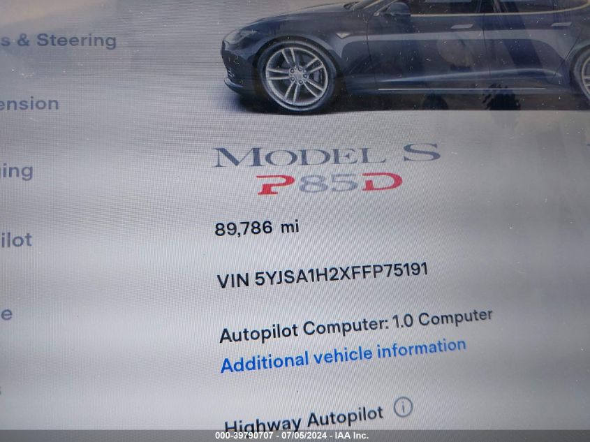 2015 Tesla Model S 70D/85D/P85D VIN: 5YJSA1H2XFFP75191 Lot: 39790707