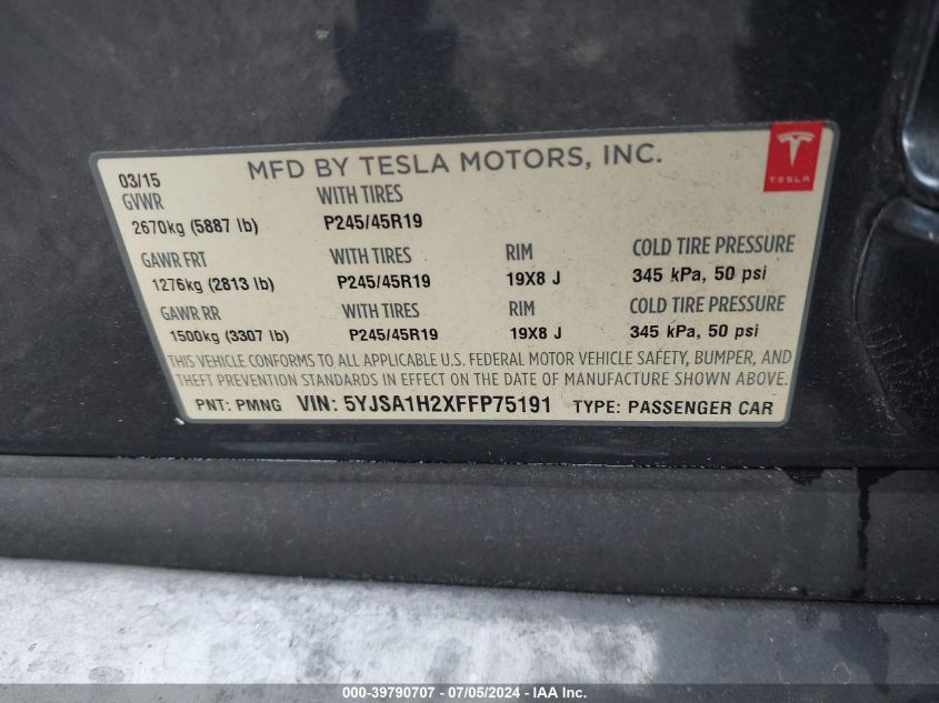 2015 Tesla Model S 70D/85D/P85D VIN: 5YJSA1H2XFFP75191 Lot: 39790707