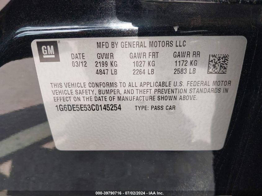 2012 Cadillac Cts Luxury VIN: 1G6DE5E53C0145254 Lot: 39790716