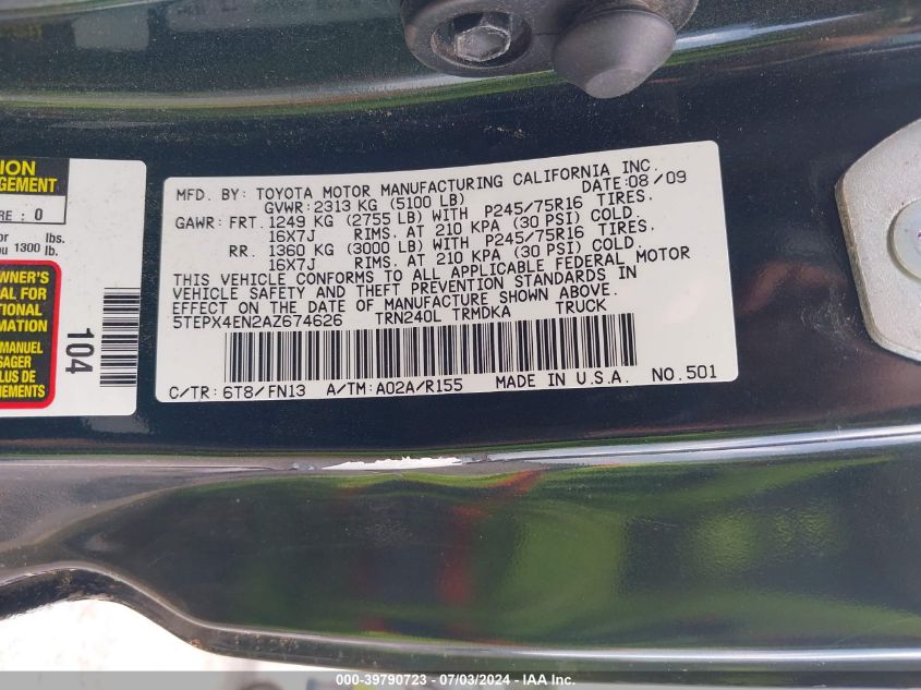 2010 Toyota Tacoma VIN: 5TEPX4EN2AZ674626 Lot: 39790723